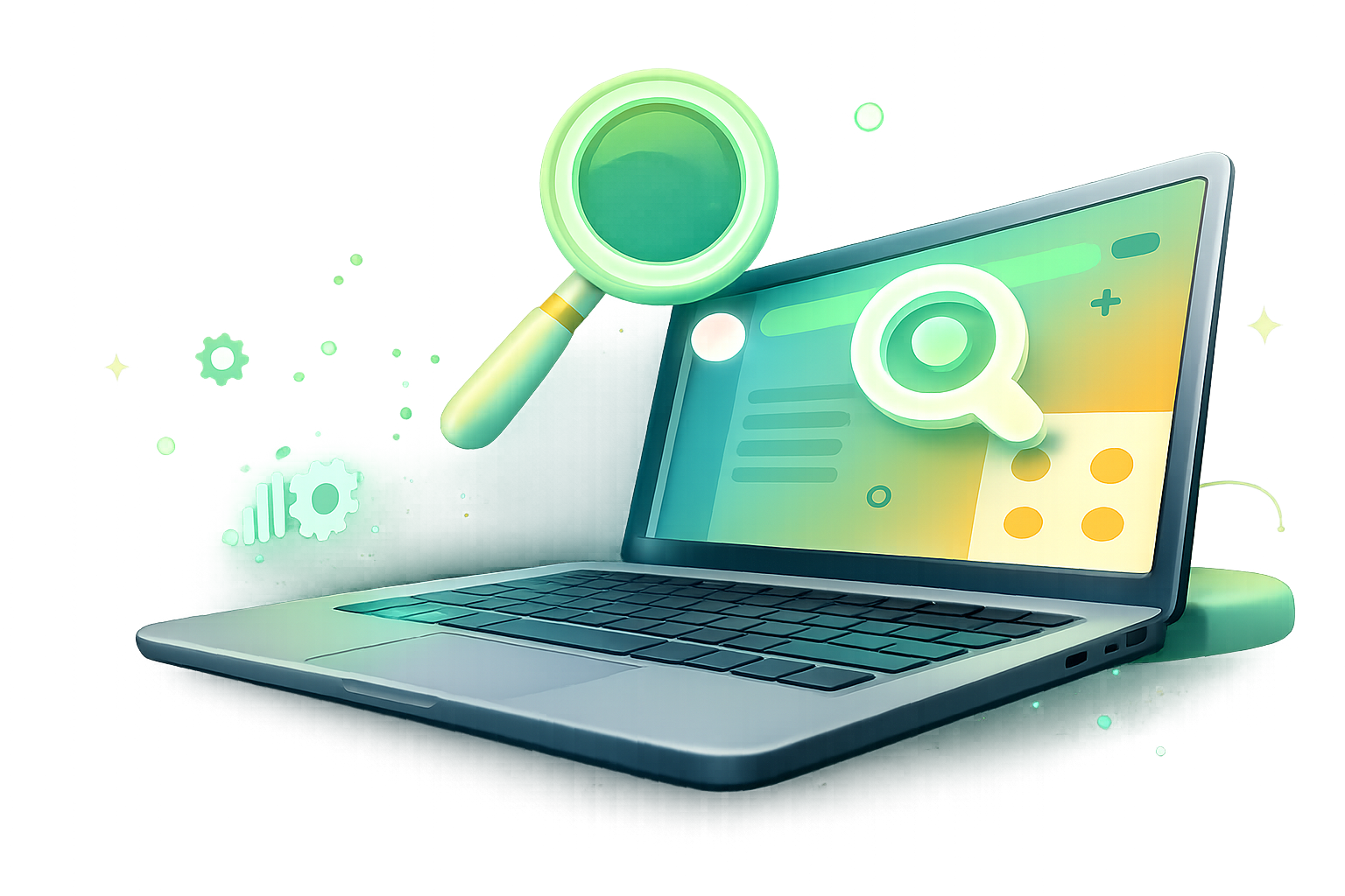 futuristic laptop with glowing magnifying glasses